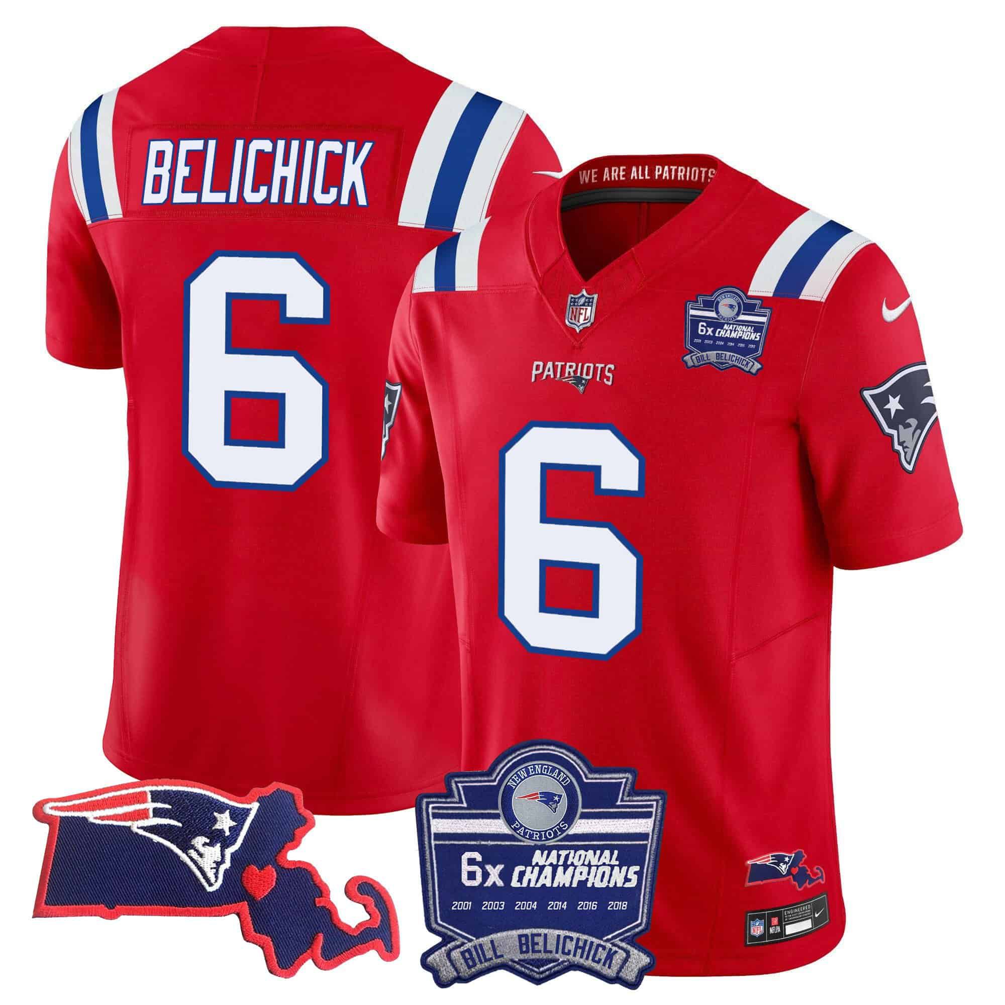 Men New England Patriots #6 Belichick Red 2024 Nike 6x Champions Patch Vapor Limited NFL Jersey